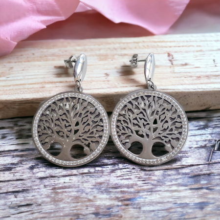 Boucles oreilles arbre de vie argentée strass